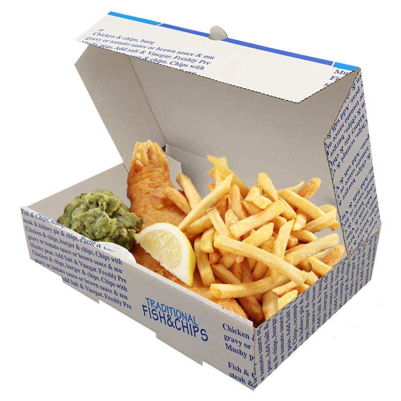 Fish & Chips Menübox mit Druck FSC zertifiziert