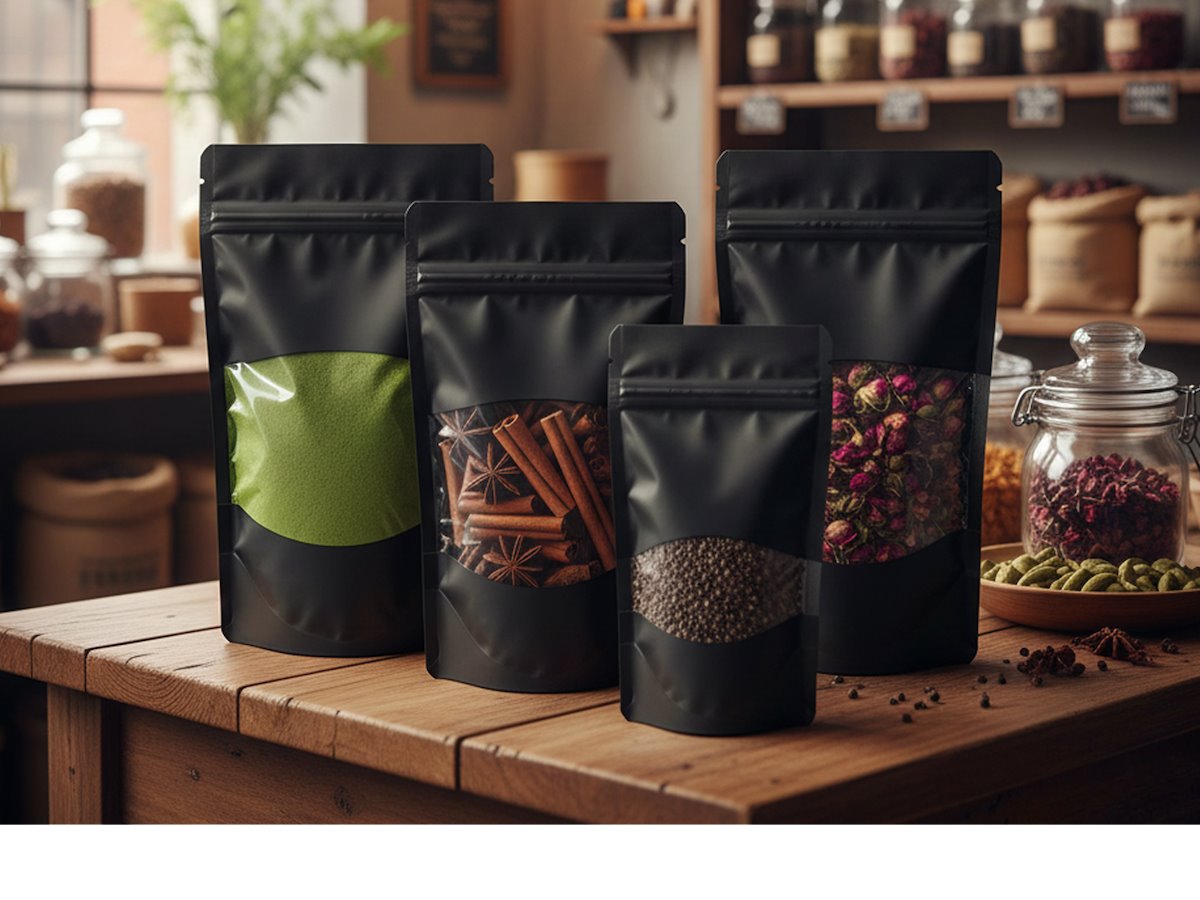 Ein Holztisch auf dem mehrere gefüllte Aromatüten mit Sichtfenstern stehen