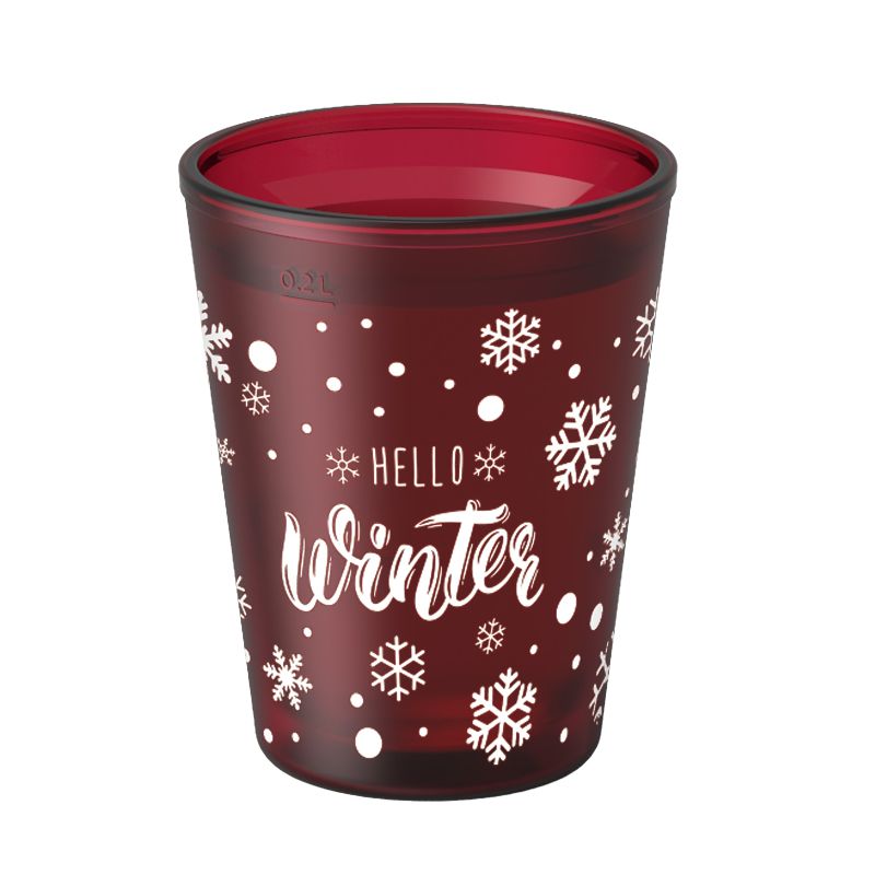 mit Winter Motiv in Bordeaux, weiße Aufschrift Hello Winter und Schneeflocken