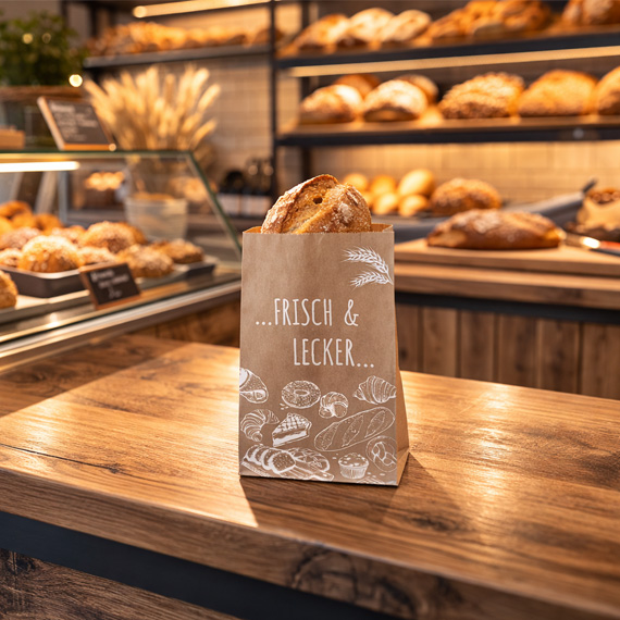 brauner Faltenbeutel mit Schriftzug Frisch & Lecker