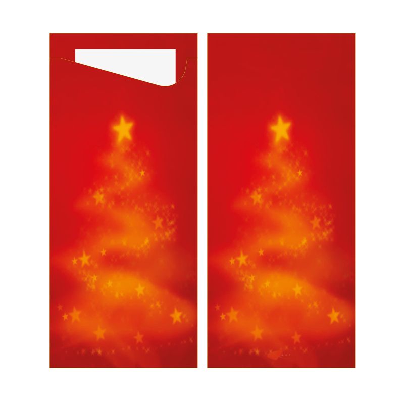 Hülle roter Untergrund und gelbe Sterne, die einen Weihnachtsbaum darstellen