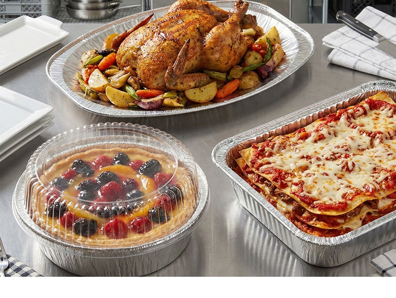 Ein Hähnchen, Lasagne und ein  Kuchen in Aluschalen