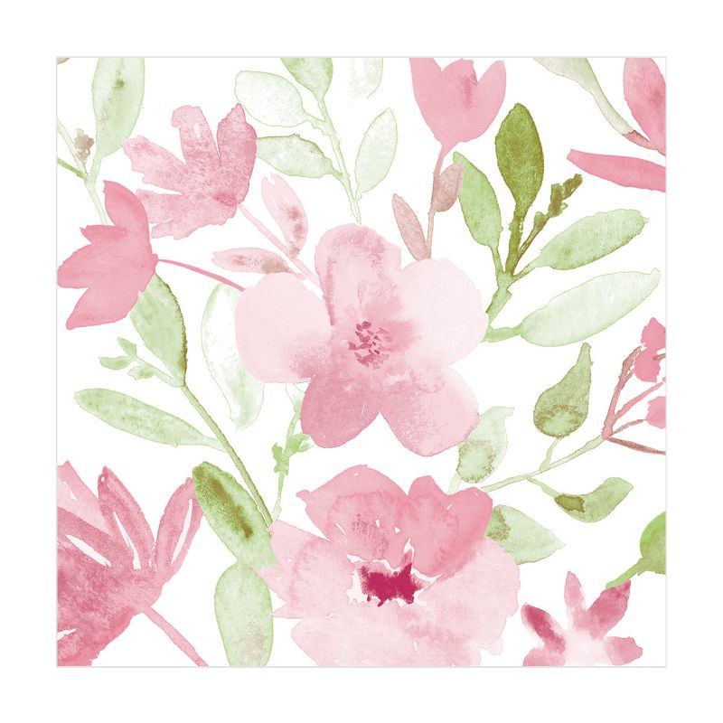 weißer Untergrund mit rosa Blumen und grünen Blättern